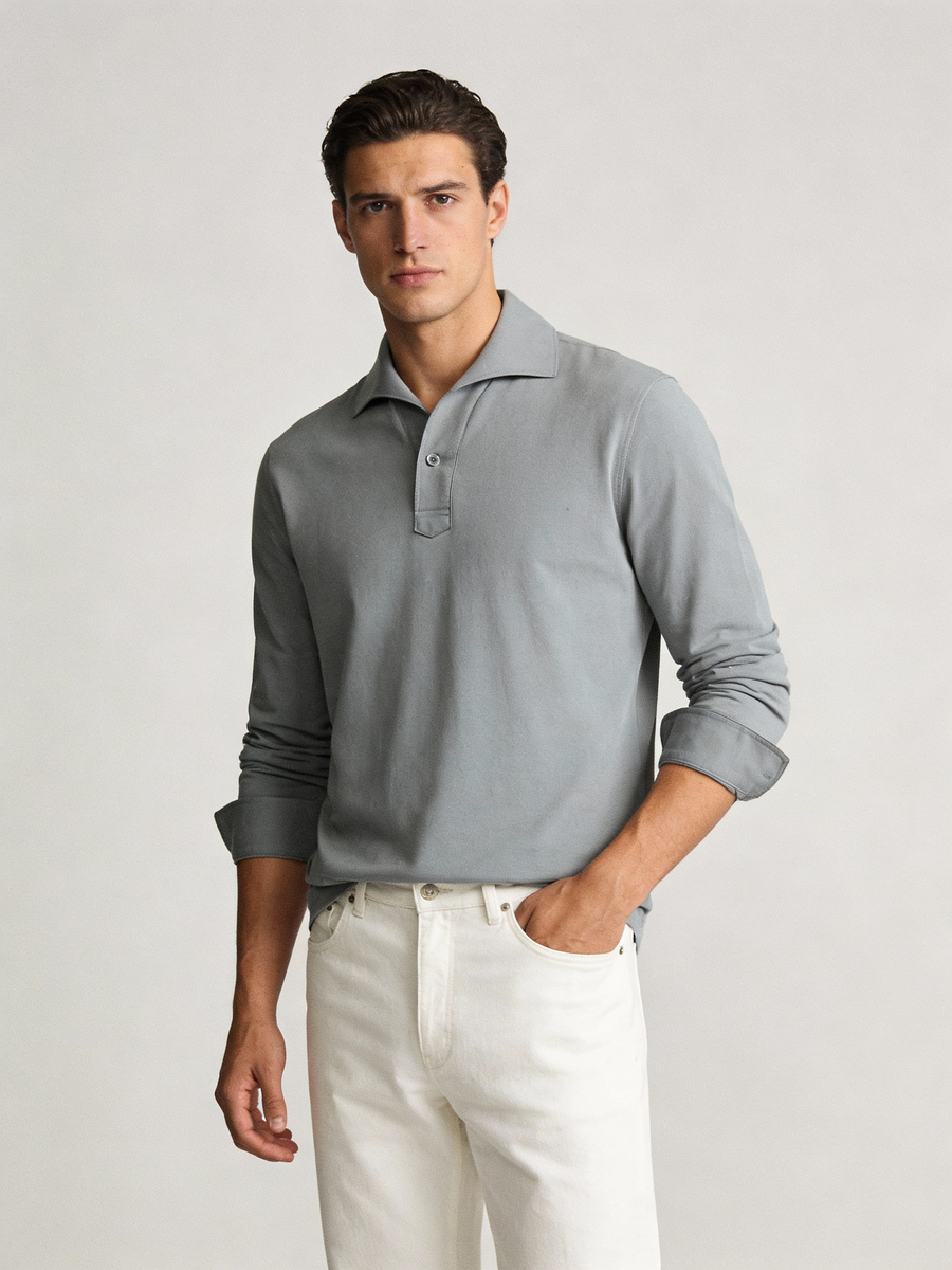 THEODORE The Alassio Grey Piqué Cotton-Blend Long-Sleeve Polo, view 1 of 6