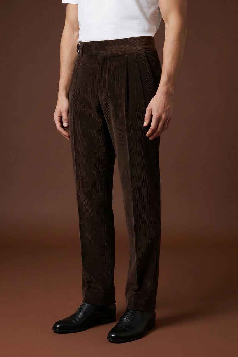 THEODORE Brown Double-Pleat Cotton Trousers, view 1 of 8