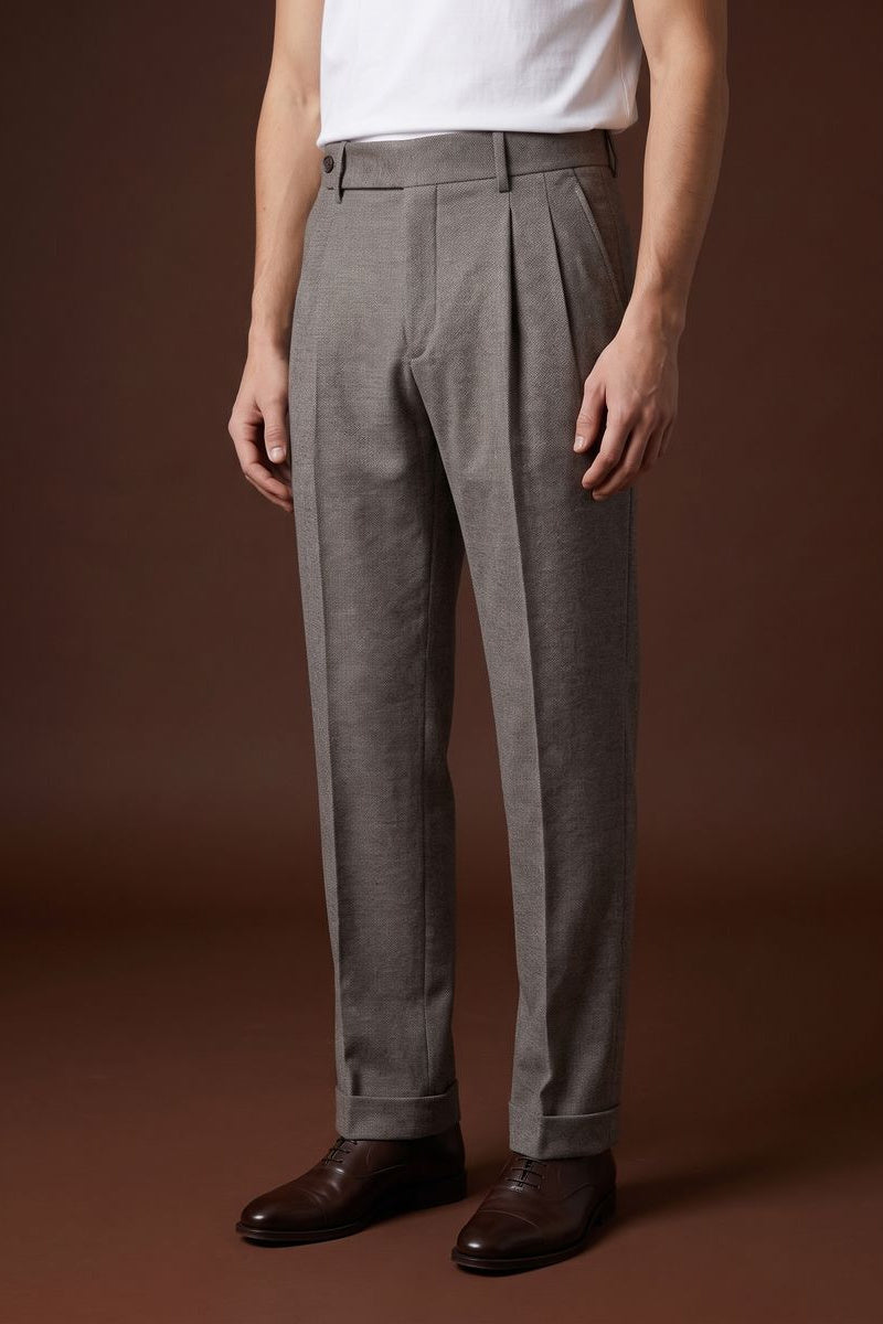 THEODORE Taupe Double-Pleat Trousers, view 1 of 9