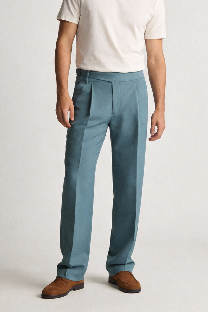 THEODORE Blue Grey Double-Pleat Wool Trousers, view 1 of 6