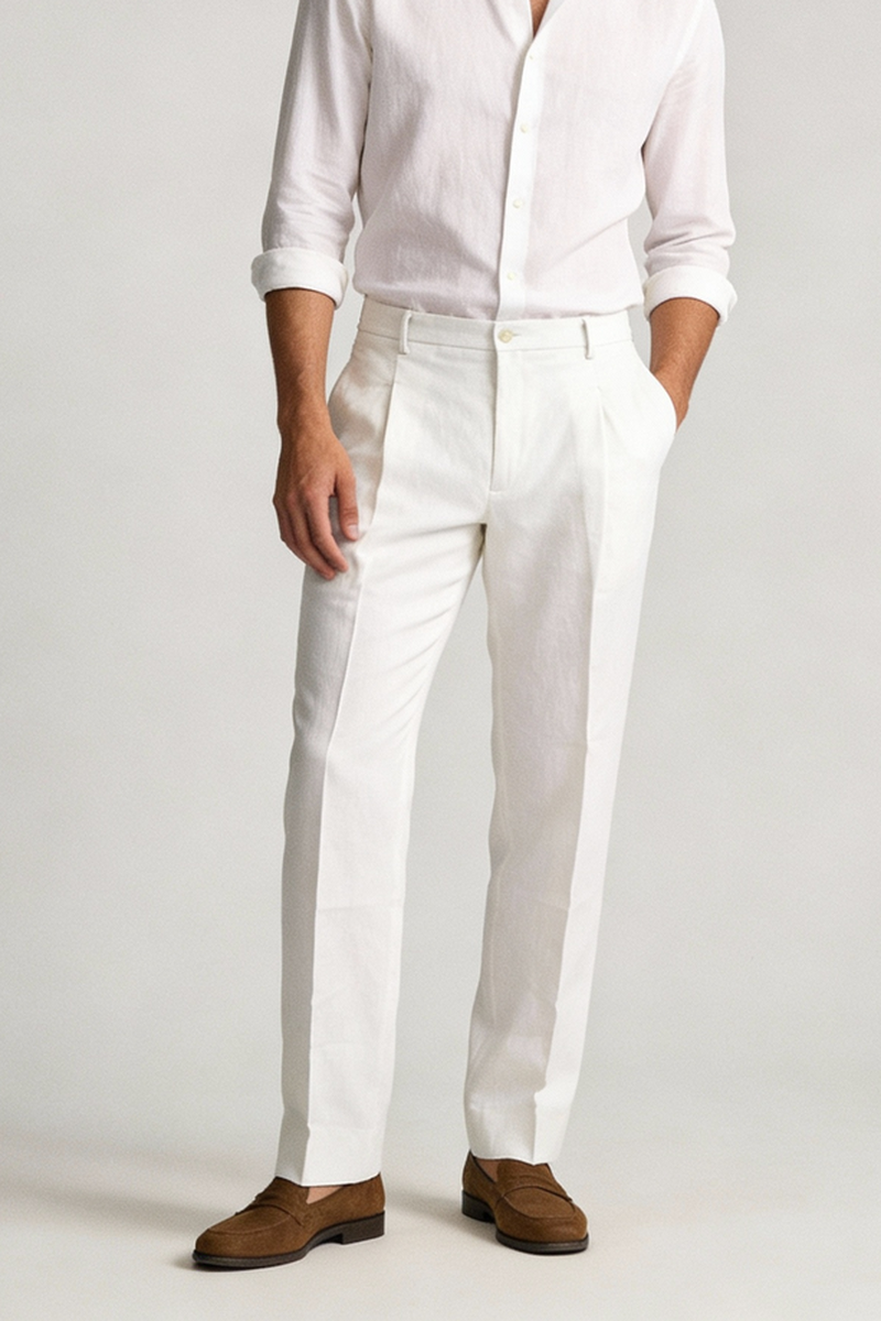 THEODORE Ivory Double-Pleat Linen Trousers, view 1 of 8