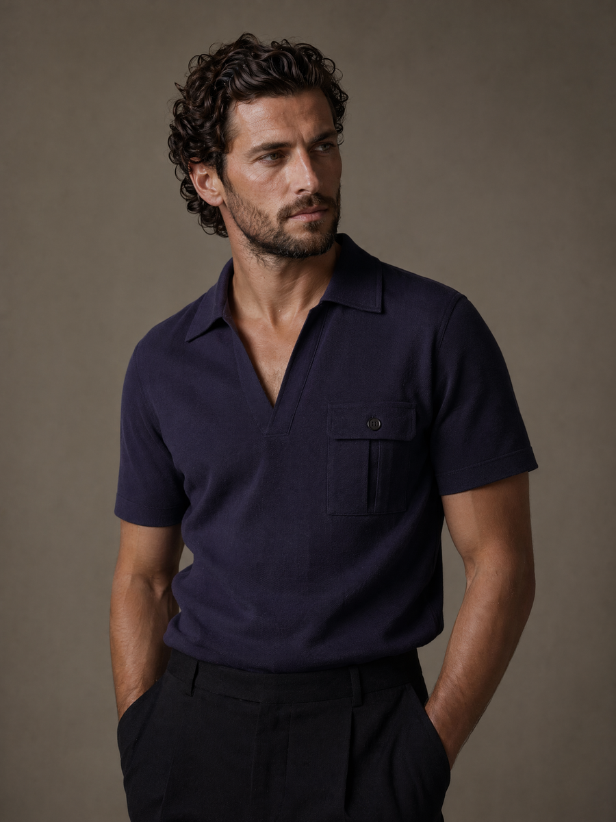 THEODORE The Bandol Navy Cotton Pocket Polo, view 1 of 7