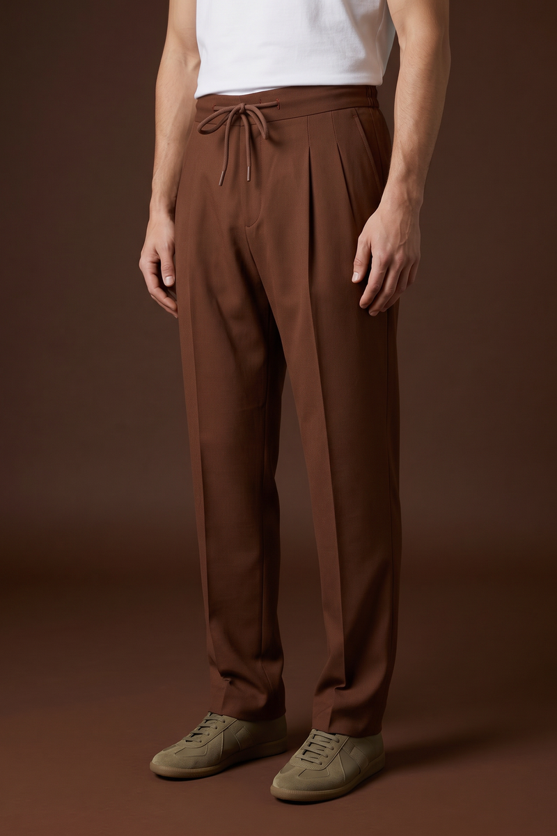 THEODORE Brown Elastic-Back Wool Trousers, view 1 of 10