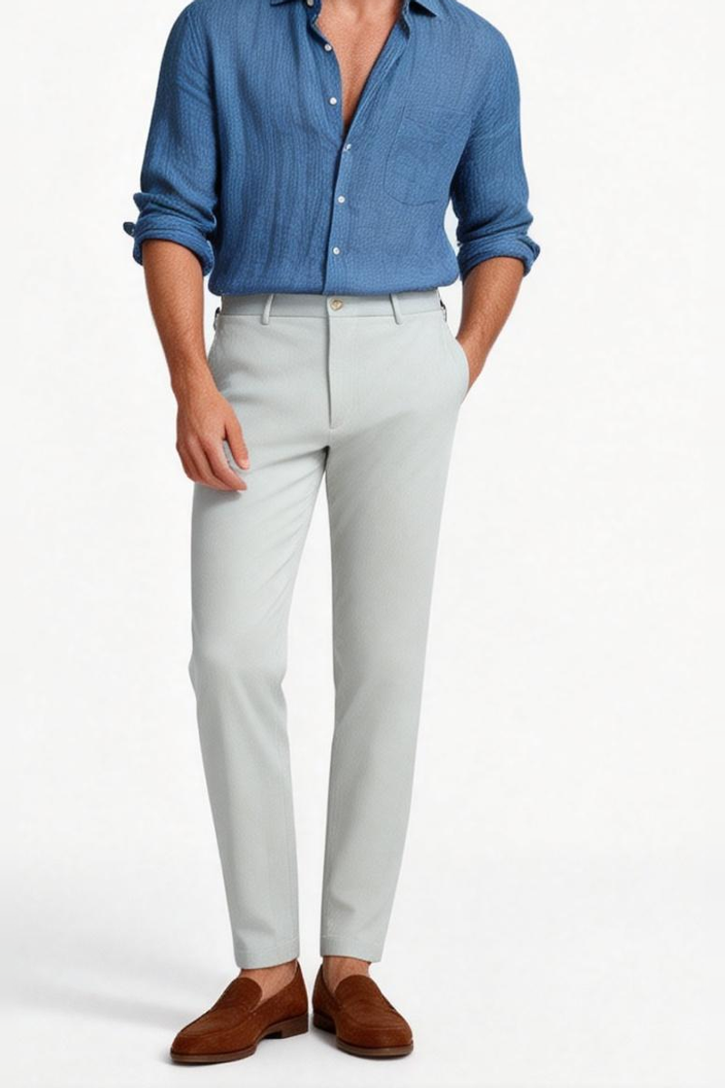 THEODORE Light Grey Flat-Front Cotton Trousers, view 1 of 7