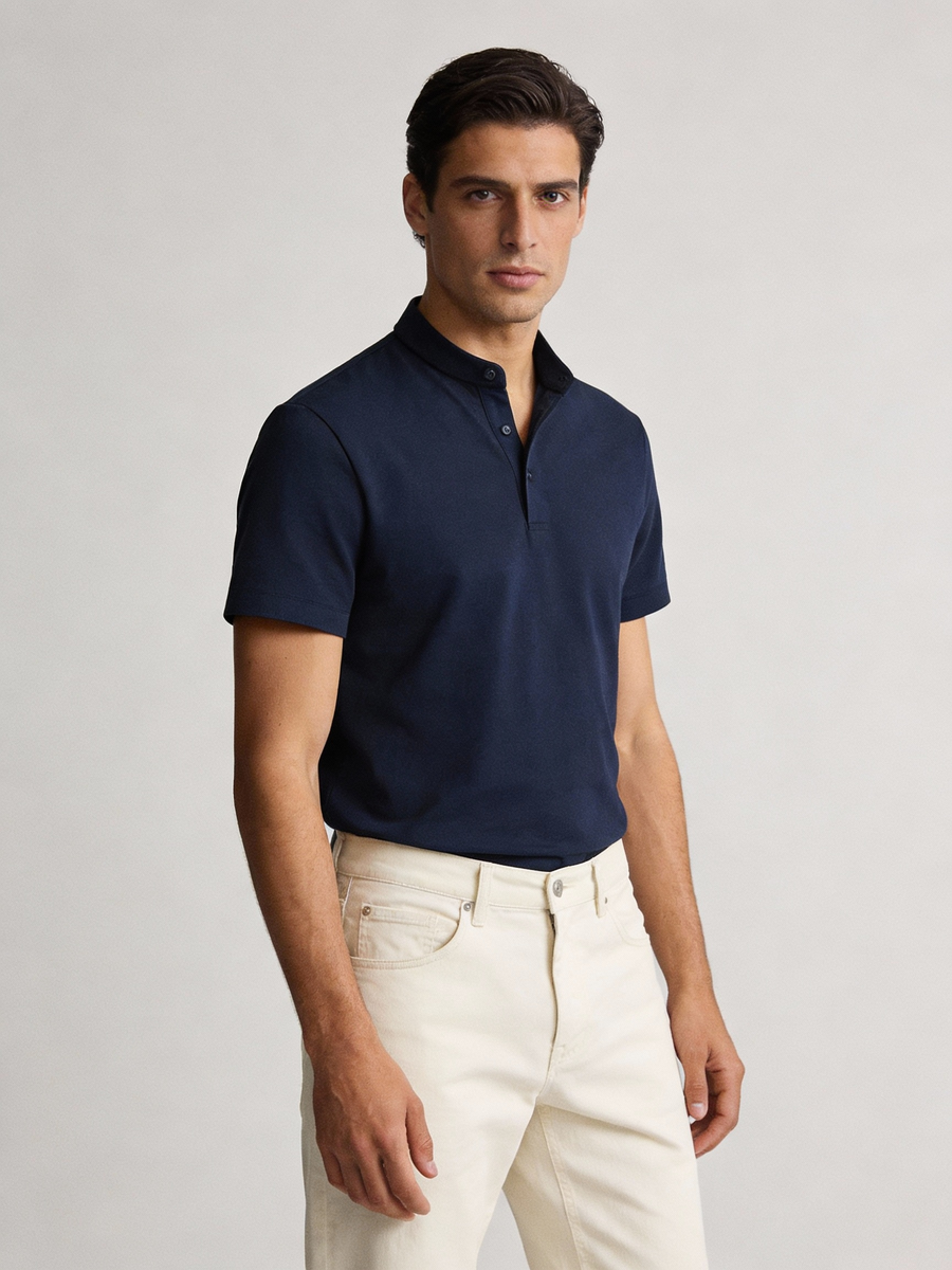 THEODORE The Gaeta Navy Cotton-Blend Stand-Collar Polo, view 1 of 7