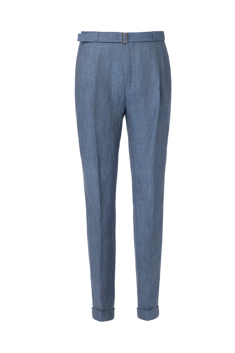 THEODORE Blue Grey Herringbone Linen Trousers, view 1 of 2