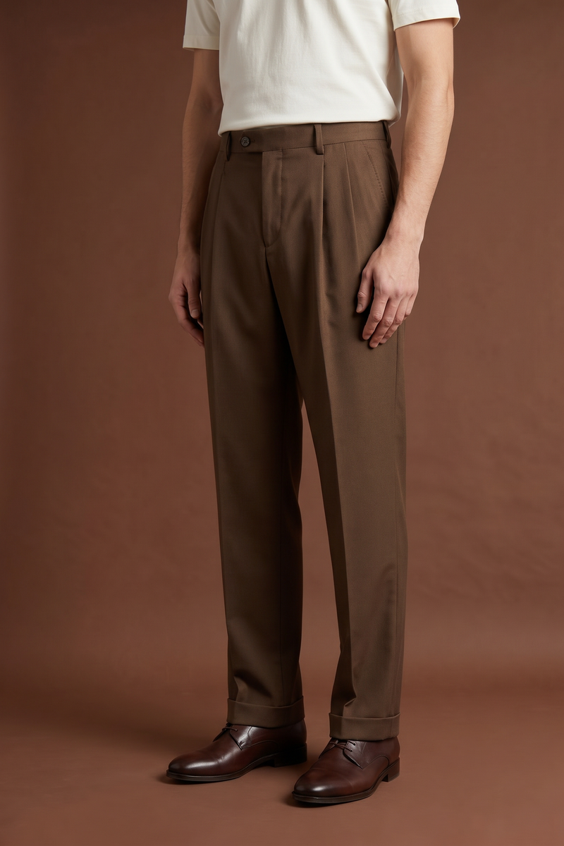 THEODORE The Posillipo Brown Wool Single-Pleat Trousers, view 1 of 8