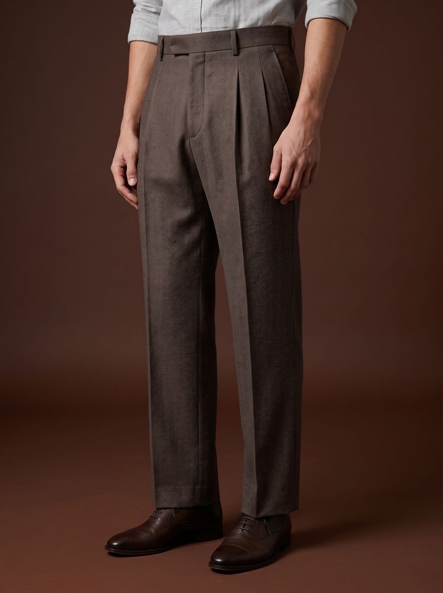 THEODORE Coffee Herringbone Double-Pleat Wool Trousers, view 1 of 8