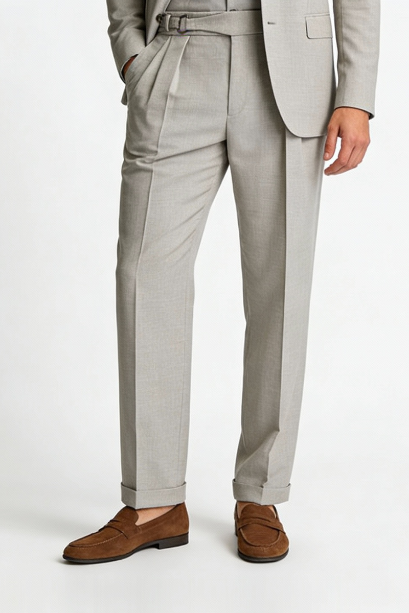 THEODORE Taupe Box-Pleat Wool Trousers, view 1 of 9