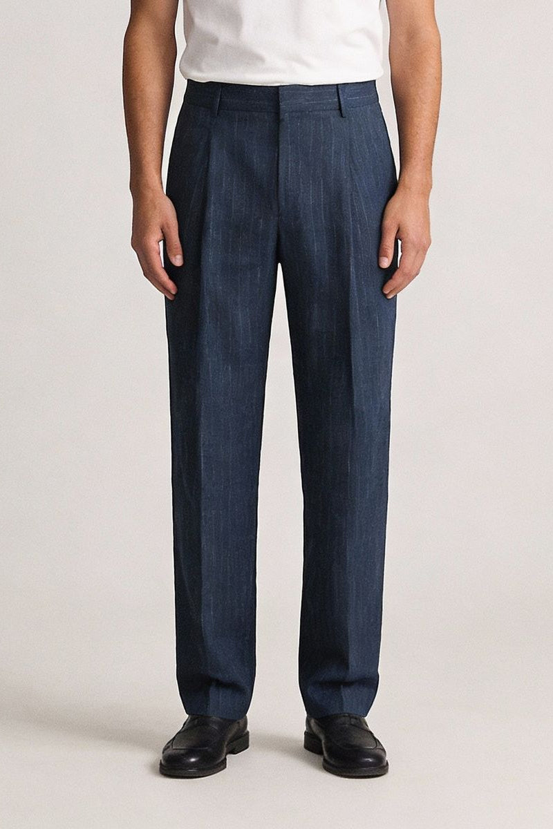 THEODORE Navy Lightweight Striped Linen Trousers, view 1 of 8