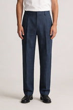 THEODORE Navy Lightweight Striped Linen Trousers, view 1 of 8
