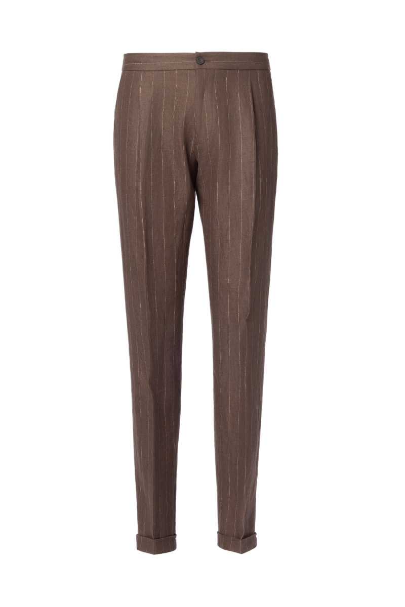 THEODORE Brown Striped Linen Trousers, view 1 of 2