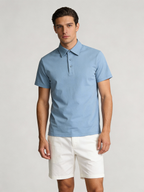 THEODORE The Hvar Blue Cotton-Blend Spread-Collar Polo, view 1 of 6