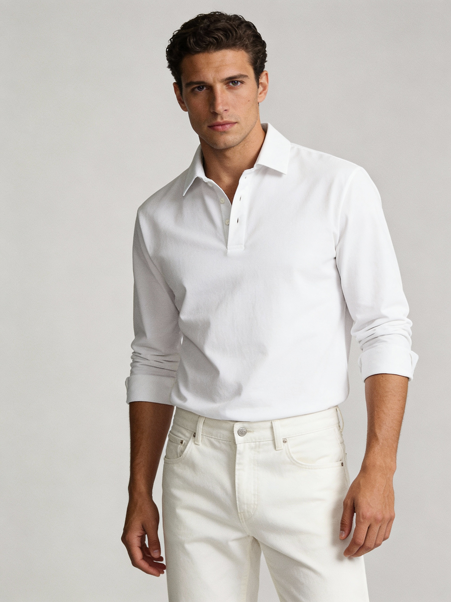 THEODORE The Nerja White Cotton-Blend Long-Sleeve Polo, view 1 of 7