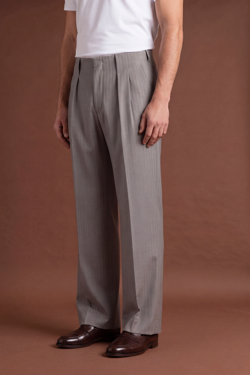 THEODORE Grey Wide-Leg Herringbone Wool Trousers, view 1 of 8