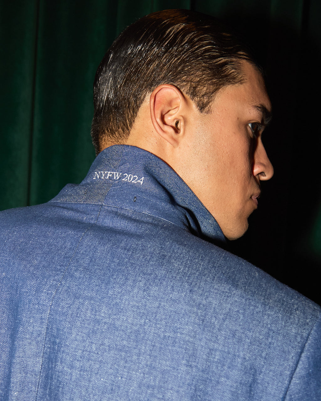 Grey Jersey Stretch Suit, close-up of the back collar embroidered NYFW 2024
