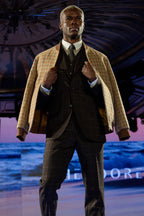 The Brown Capper Three Piece with an overcoat held open, model standing on the runway