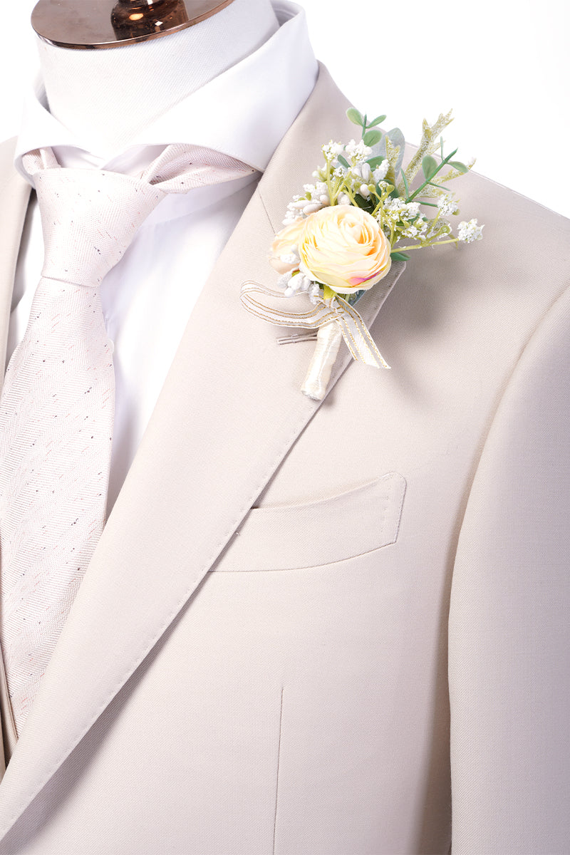 Close-up of the Opal Oasis suit lapel with boutonniere flower and tie