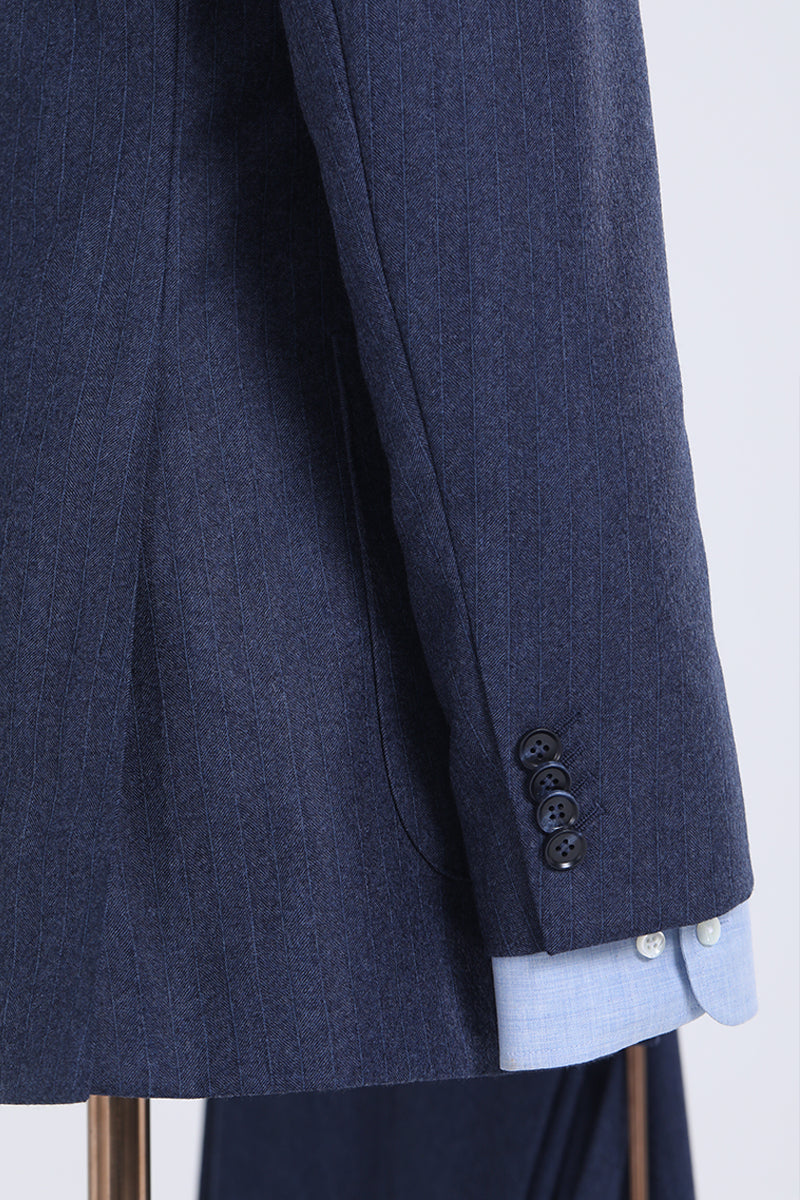 Close-up of the Indigo Prestige suit's sleeve cuff and button detail