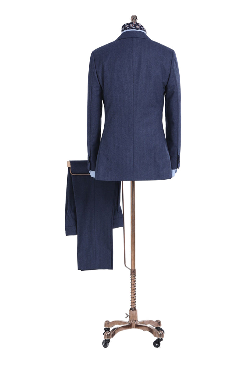 Indigo Prestige navy pinstripe suit displayed on a mannequin, back view