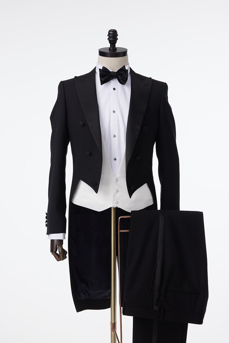 Onyx Opulence Black Morning Coat on a mannequin, straight-on view with tails spread
