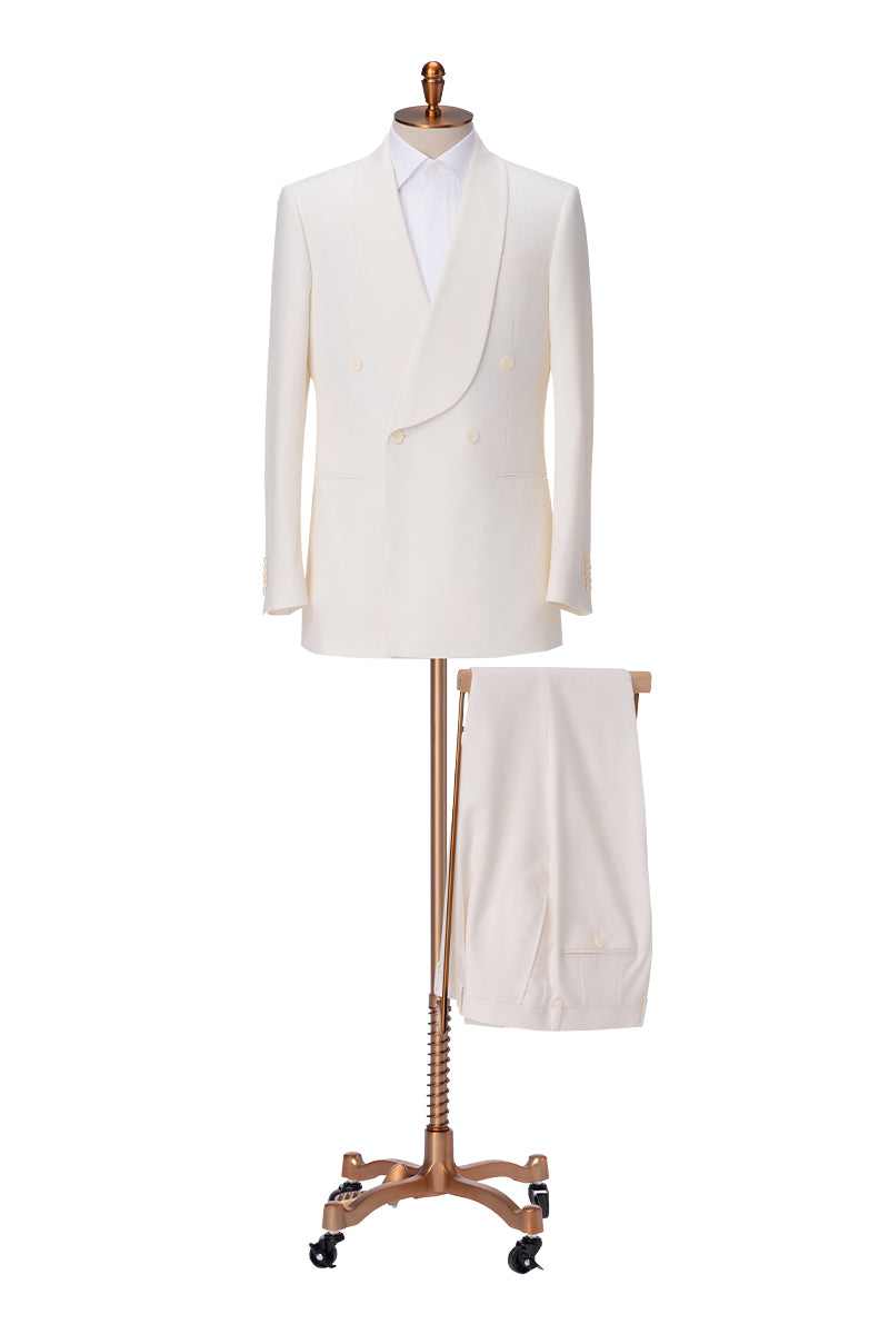 The Casablanca White Tux on a mannequin, full front view of the jacket and trousers