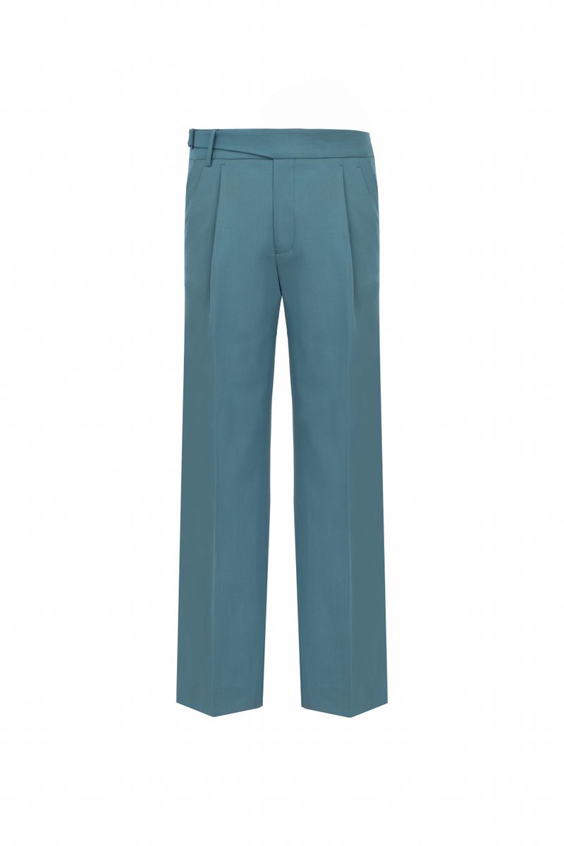 THEODORE Blue Grey Double-Pleat Wool Trousers, view 2 of 6