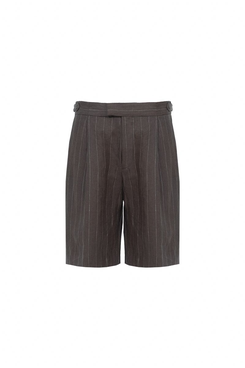 THEODORE Brown Striped Linen Shorts, view 1 of 2