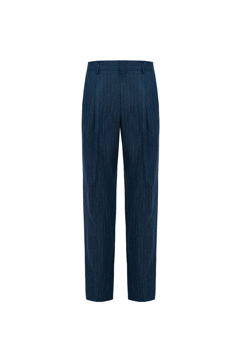 THEODORE Navy Lightweight Striped Linen Trousers, view 2 of 8