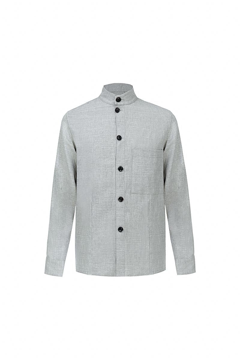 THEODORE Khaki Striped Wool Overshirt, view 1 of 2