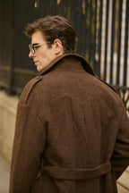 The Beaumont Brown Overcoat, tighter back-view crop of the collar and shoulder