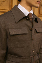 The Hawthorne Brown Jacquard Casual Set, close-up of the collar and tie