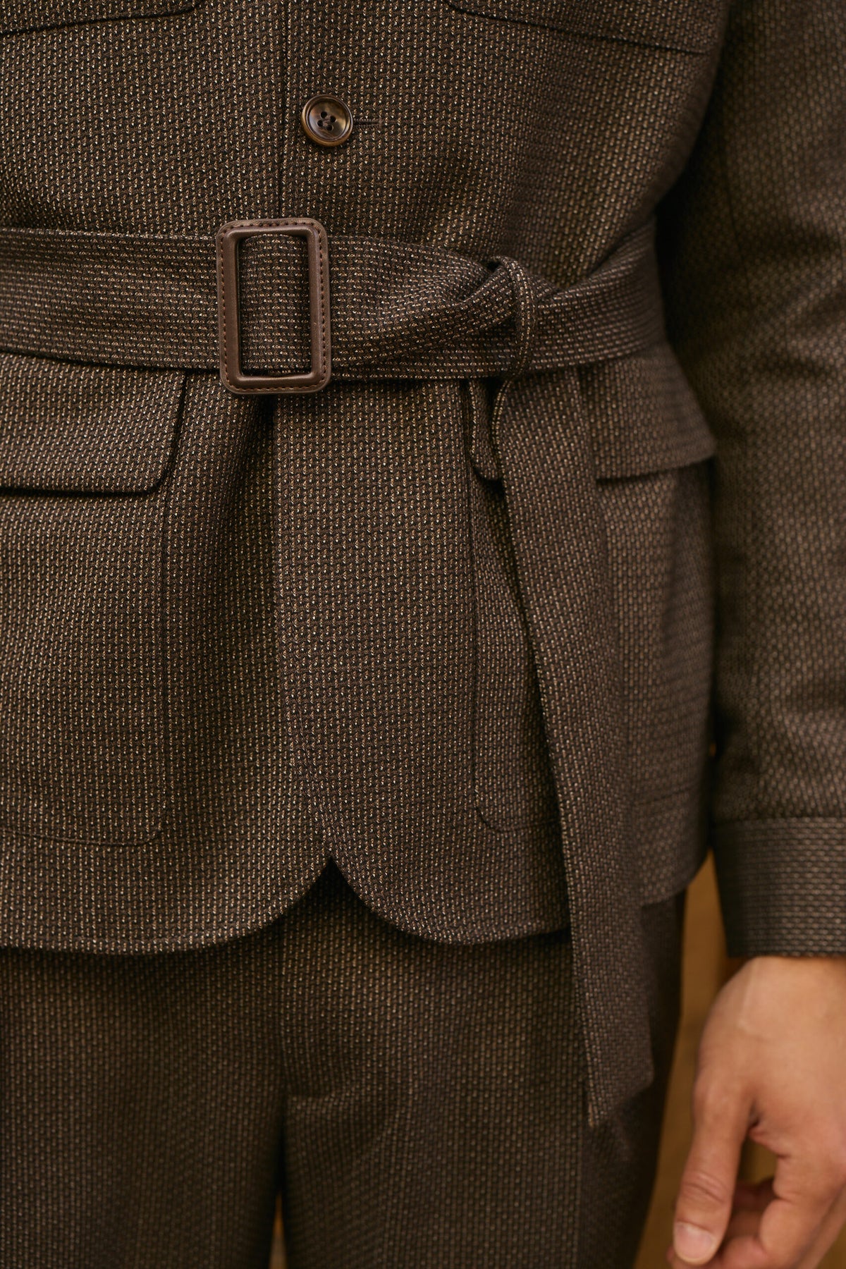 The Hawthorne Brown Jacquard Casual Set, close-up of the belt and pockets
