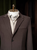 Baker Street Coffee Cashmere Blend Overcoat, close-up of the collar over a check shirt
