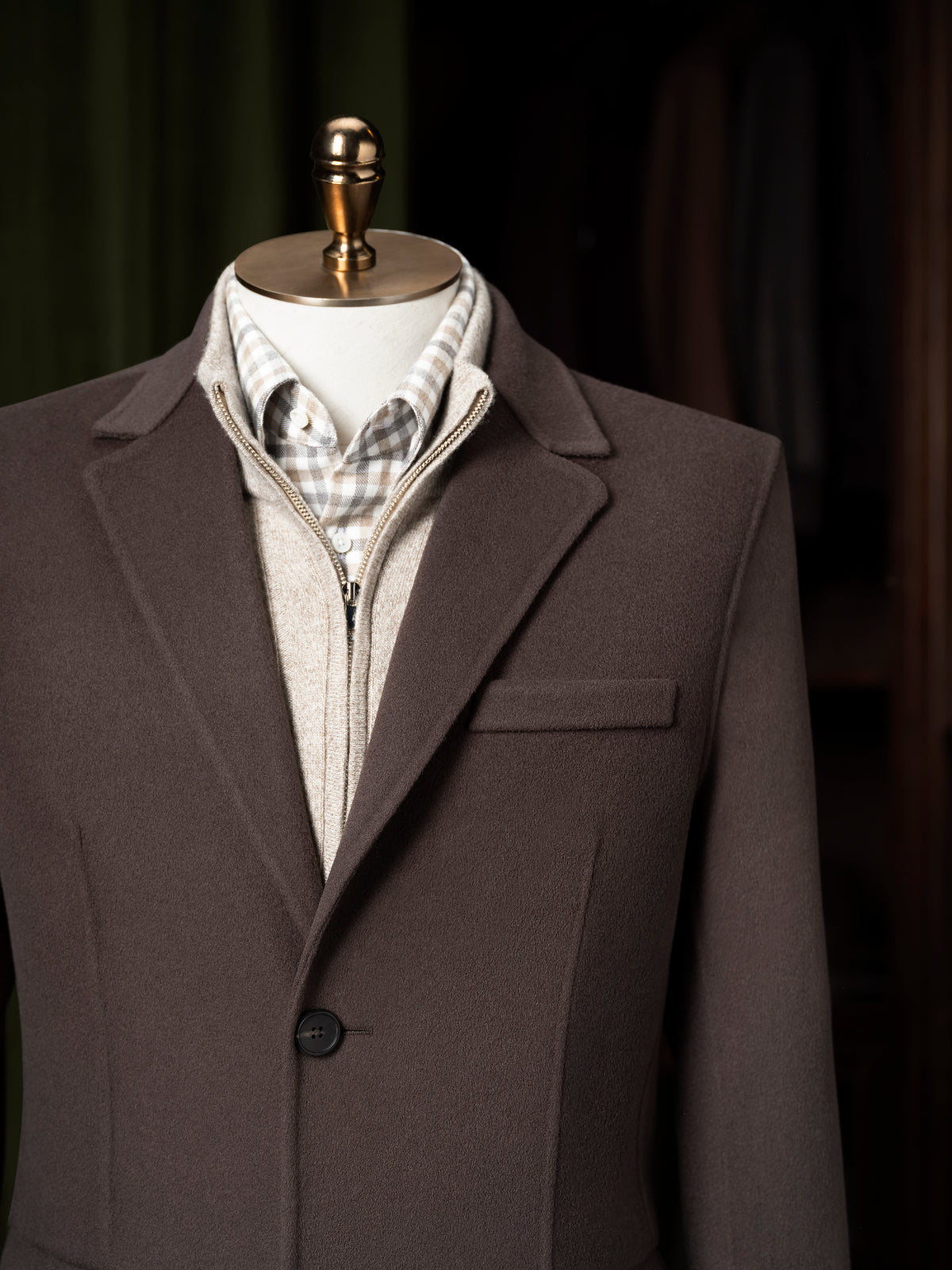 Baker Street Coffee Cashmere Blend Overcoat, close-up of the collar over a check shirt