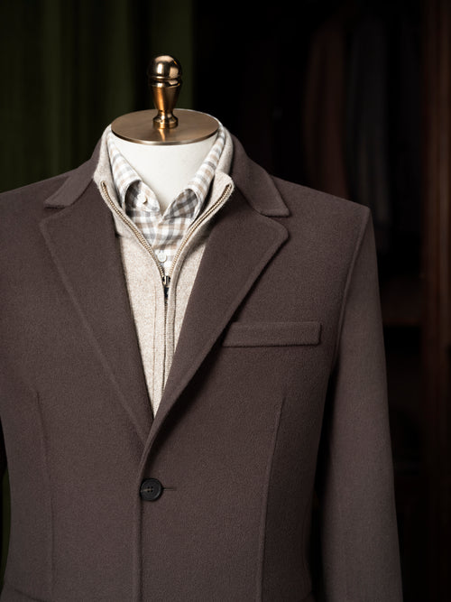 Baker Street Coffee Cashmere Blend Overcoat, close-up of the collar over a check shirt