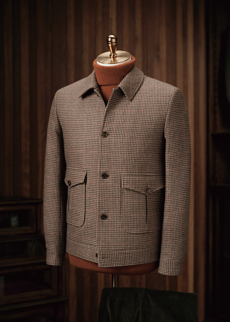 The Ginza Mocha Sports Jacket in a houndstooth check, displayed on a mannequin, front view