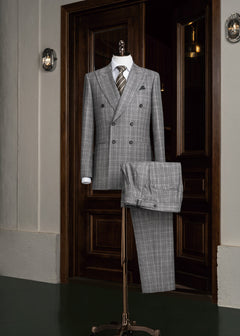 Mayfair Avenue Prince of Wales Check Grey Suit on a mannequin by timber doors