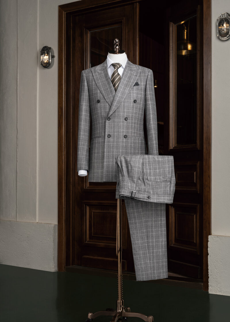 Mayfair Avenue Prince of Wales Check Grey Suit on a mannequin by timber doors