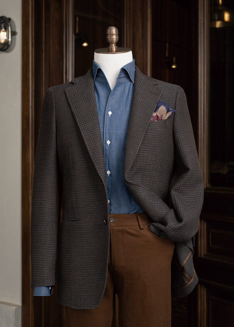 Melrose Avenue Grey Plaid Jacket on a mannequin, worn open over a denim shirt