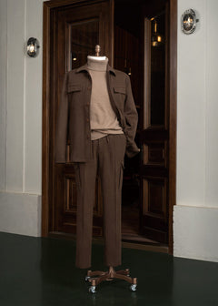 Pine Hills Brown Casual Set displayed on a stand outside a dark wood doorway