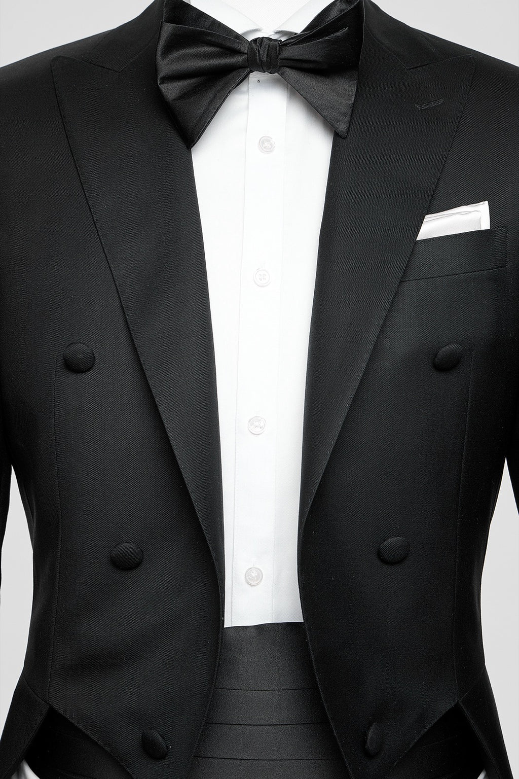 The Midnight Regent Black Tailcoat, close-up on a model showing the bow tie and cummerbund