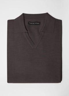3J Whisky Shot Polo in taupe, folded flat lay with open collar