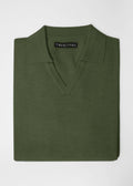 3J Whisky Shot Polo in moss green, folded flat lay with open collar