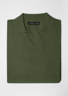 3J Whisky Shot Polo in moss green, folded flat lay with open collar