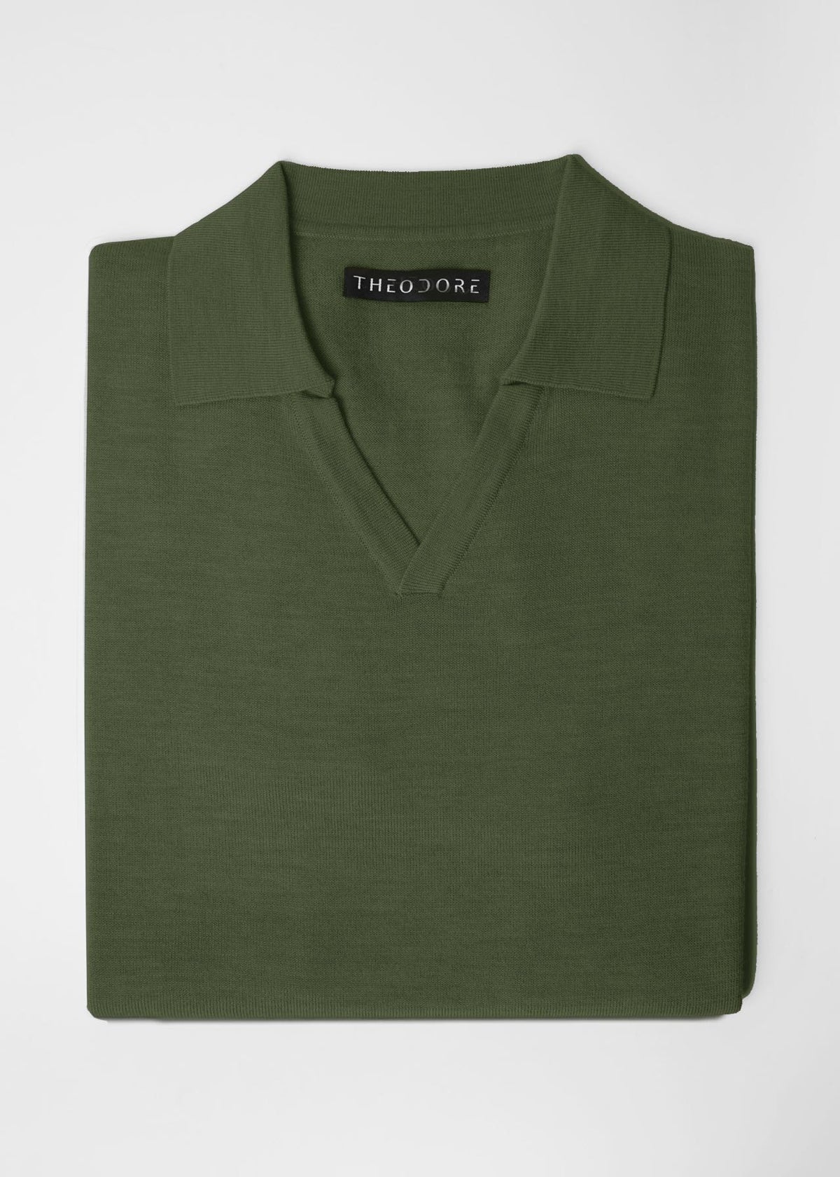 3J Whisky Shot Polo in moss green, folded flat lay with open collar