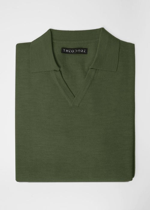 3J Whisky Shot Polo in moss green, folded flat lay with open collar