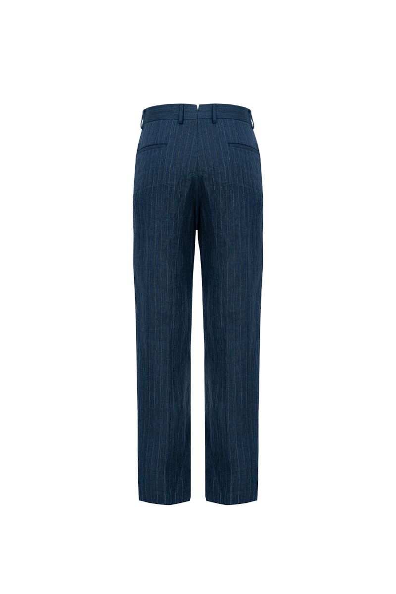 THEODORE Navy Lightweight Striped Linen Trousers, view 3 of 8