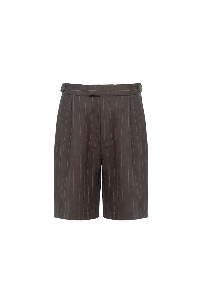 THEODORE Brown Striped Linen Shorts, view 2 of 2