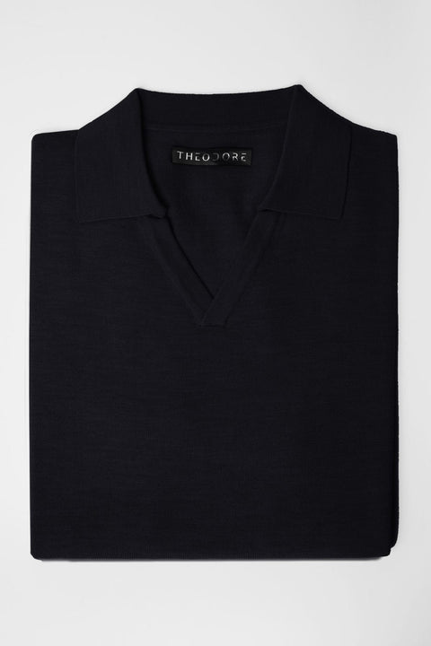 3J Whisky Shot Polo in black, folded flat lay with open collar
